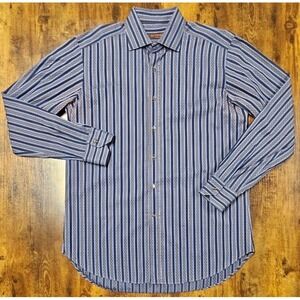 Etro Milano Mens 42 Casual Dress Shirt Black/Blue/Gray Color Stripe Made Italy